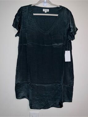 Tulip B Gently Oversized V-Neck Tunic Dress Dark Olive Casual Short Sleeve